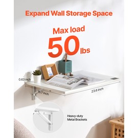 Happybuy Wall Mounted Folding Table, 23.6 x 15.7 inches Wall Mount Table, Floating Desk with Iron Bracket, Fold Down Desk for Small Spaces, Home Office, Dining, Laundry Room, Kitchen, Bar, White