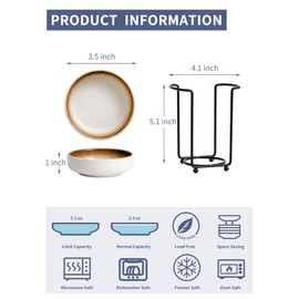 YJR Ceramic Japanese Side Dishes, Seasoning Dishes, Dipping Bowls - 3.5 Inch, with Metal Stand for Ketchup Soy Sauce BBQ Party, Set of 6, Mocca