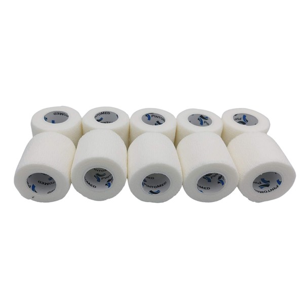 PintoMed Bandage Cohésif - Blanc - 10 Rouleaux x 5 cm x 4,5 m adhésif Flexible Bandages, Premiers Secours Sports Wrap Bandage