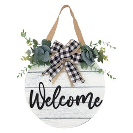 3D Welcome Wreaths for Front Door | Farmhouse Welcome Sign for Front Door | White Horizontal Concave Stripes Wooden Front Door Wreaths for Home Wall Decor