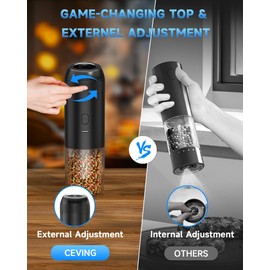 CEVING Gravity Electric Salt and Pepper Grinder Set with 176ml Large Capacity, Top-Mounted 5 Adjustable Coarseness Settings, Automatic USB Rechargeable Spice Mill with LED Light (2 Pack Black & White)