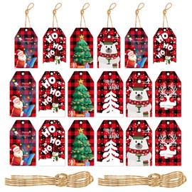 60 Pcs Merry Christmas Paper Tags with String Santa Tree elk Snowflake Snowman Bear Red Lattice Pattern for Candy Bag Wrapping Labels Graduation Party Decoration Supplies
