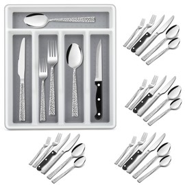 E-far 24-Piece Silverware Set with Steak Knives and Organizer, Hammered Stainless Steel Cutlery Flatware Set for 4, Modern Tableware Eating Utensil for Kitchen, Mirror Polished & Dishwasher Safe