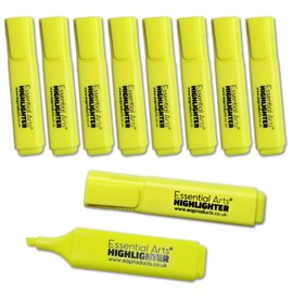 Essential Arts Square Yellow Highlighter Pen Pack of 10 | Chisel Tip Fluorescent Highlight Marker Pens for Office, School Art and Business