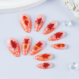 Fall Almond Press on Nails Medium French Tip Fake Nails Orange Maple Leaves Glue on Nail with Designs False Nails Nude Stiletto Stick on Nail Autumn Gloss Acrylic Nails for Women 24Pcs