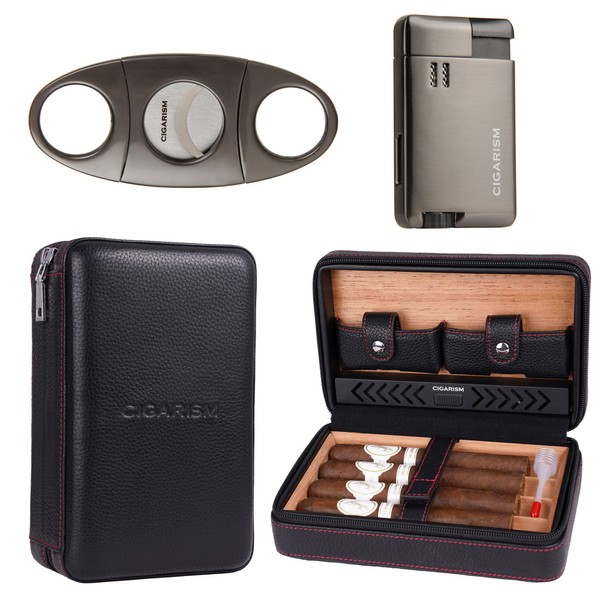 CIGARISM Cigar Travel Humidor, Genuine Leather Cigar Case, Cigar Cutter and Lighter Set