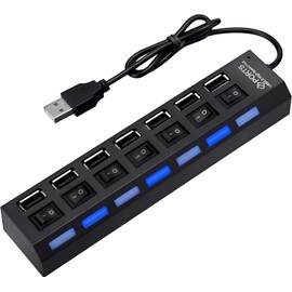PeakTrend Multi Port Splitter, 7 Port USB 2.0 Hub, USB A Port Data Hub with Independent On/Off Switch and LED Indicators, Lights for Laptop, PC, Computer, Mobile HDD, Flash Drive for All USB Device