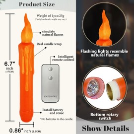 FCMSHAMD Orange Flameless Short Taper Candles, Real Wax Hand Dipped LED Battery Operated with Remote, Flickering Flame Lights for Festival Home Décor, 6.7 Inch Primitive Flameless Candles, 4PCS