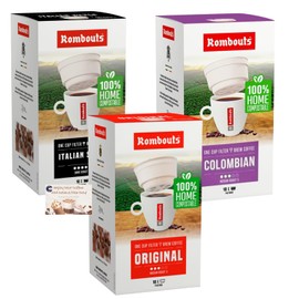 Rombouts One Cup Filter Coffee Variety Bundle - Original, Italian Style, and Colombian (10 Filters Each, 70g Per Pack)