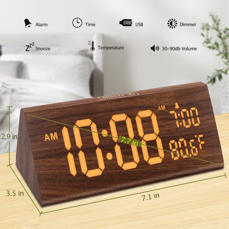 DreamSky Wooden Digital Alarm Clock for Bedroom - 7.7" Electric