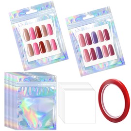 YHNTGB 100 Sets Empty Press on Nail Packaging Including Holographic Bags White Card and Transparent Tape for Manicurist Small Business Office Home