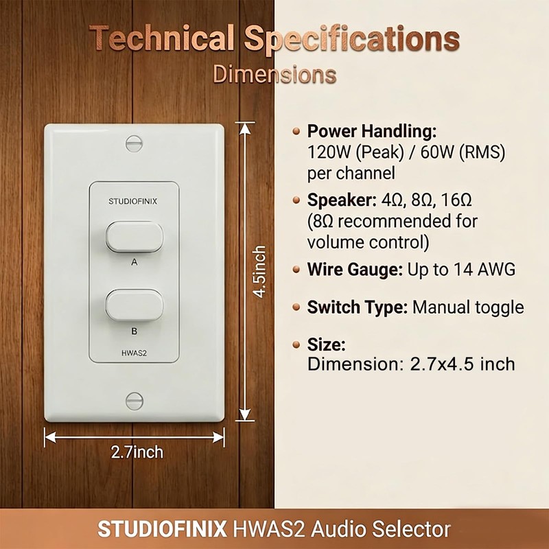 in-Wall 2-Zone A/B Speaker Selector Switch, 120W Peak Power Per
