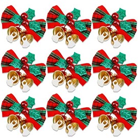 HOWAF 24pcs Christmas Bow with Bells Xmas Wreaths Bows Mini Christmas Tree Bows Christmas Decorative Bows Fabric Hanging Decorations Ornaments New Year Festive, Red Green Gold Xmas Ornaments 5x4cm
