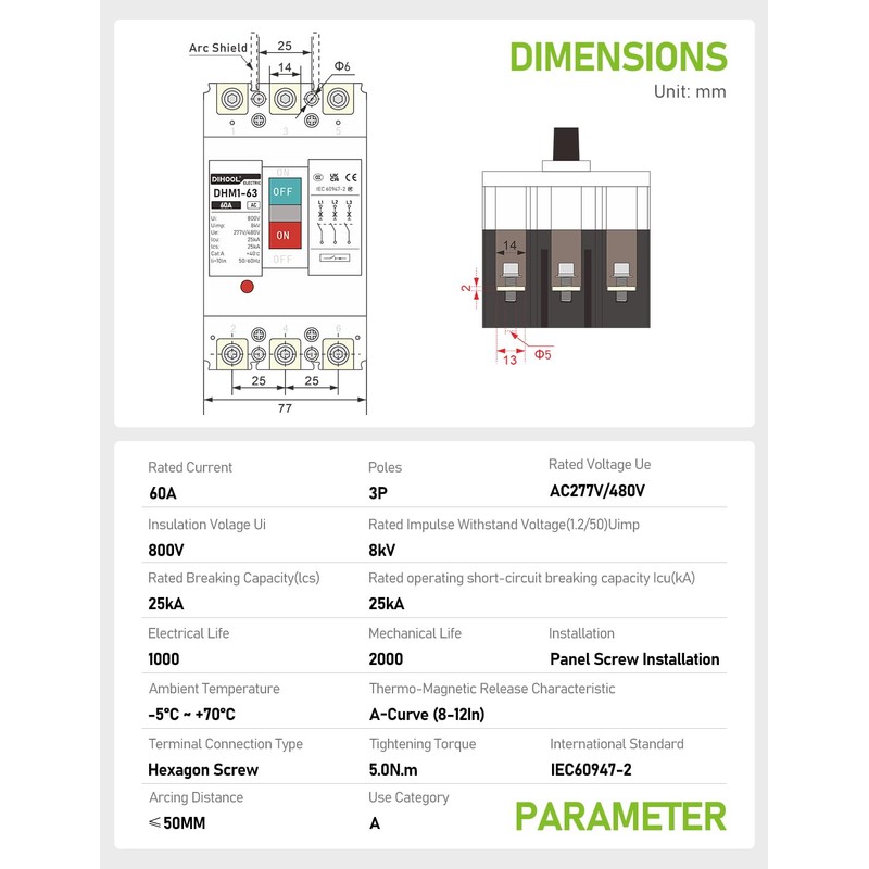 DIHOOL Industrial Miniature Circuit Breaker 3 Pole 60 Amp 277/480V