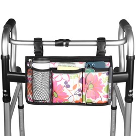Wheelchair Side Bag, Upgrade Flower Color Wheelchair Armrest Storage Pouch with Cup Holder and Reflective Strip Use of Waterproof Fabric, for Most Wheelchairs, Walkers or Rollators (Pink Floral)