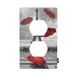 Pznen Eiffel Tower Red Umbrella Wall Plate Cover Paris Rainy Day Cityscape Outlet Covers 1-Gang Switch Plug Duplex Cover Home Bedroom Bathroom Kitchen