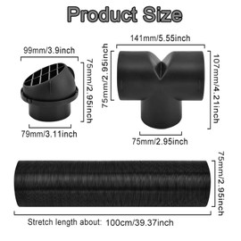 75mm Warm Heater Duct Pipe，Diesel Parking Heater Set Car Heater Duct Warm Air Outlet Vent（ Air Outlet, T-Type Elbow & Clamps）