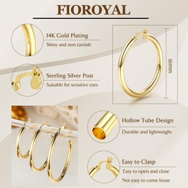 FIOROYAL 14K Chunky Gold Hoop Earrings for Women 925 Sterling Silver Post Hollow Tube Hoops Earrings 4mm Thick Gold Hoop Earrings Hypoallergenic Lightweight Gold Big Large Hoop Earrings 50MM
