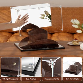 Clear Acrylic Display Case, Cowboy Hat Showcase, Panama & Tweed Organizer with Mirror Backplate & Base uv Protection and Transparency Memorabilia Collectibles(16.5*13*7.9inch,42*33*20cm)