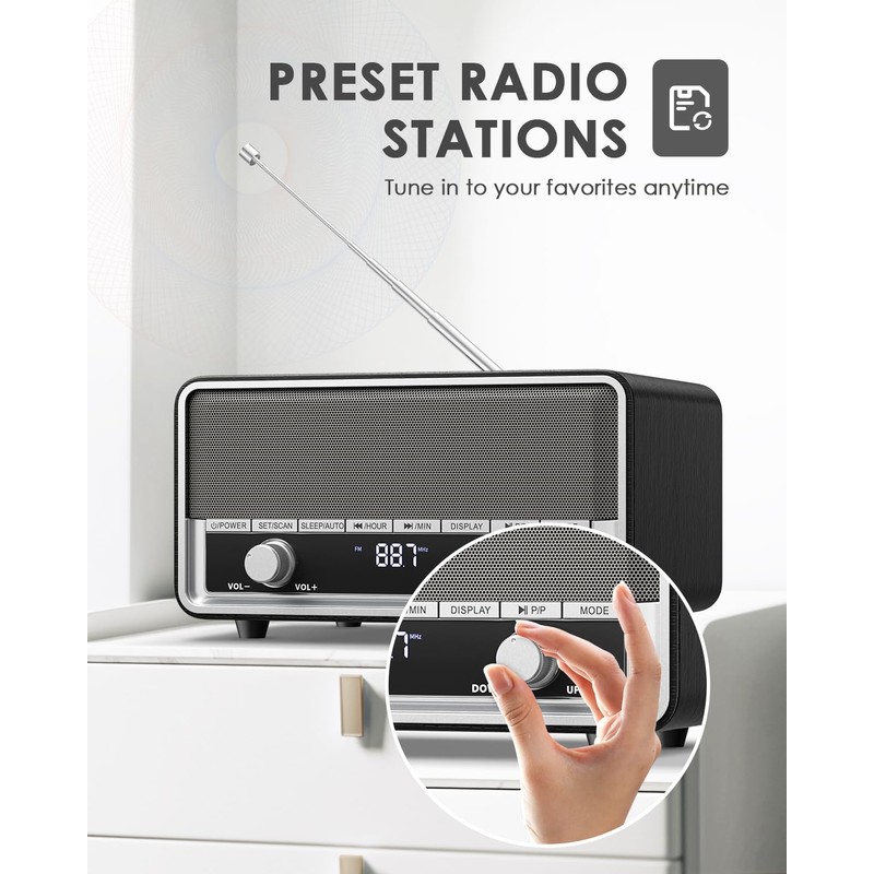 Vintage Wood AM FM Clock Radio with Bluetooth, Digital Clock