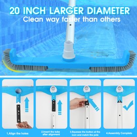 (2025 Upgraded) 20" 2 in 1 Pool Brush Vacuum Head with Swivel Hose Connection & Sturdy Nylon Bristles for Heavy Duty Inground & Above- Ground Pool Cleaning - Connecting 1-1/4" or 1-1/2" Hose (No Pole)