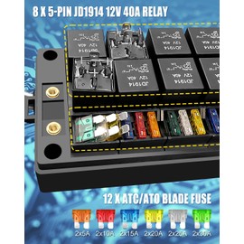 Pre-Wired Fuse Relay Box Waterproof, 8 5-Pin JD1914 Relay Slots and 12 ATC ATO Fuse Holder, with 8 5-Pin Relays and 12 Fuses, 12V Relay Fuse Block for Car Truck Boat RV Automotive Marine