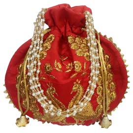 Purpledip Silk Potli Bag (Clutch, Drawstring Purse): Intricate Gold Thread & Sequin Peacock Embroidery Satchel For Women, Red (11474)