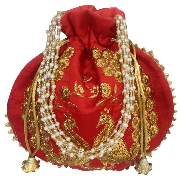 Purpledip Silk Potli Bag (Clutch, Drawstring Purse): Intricate Gold Thread