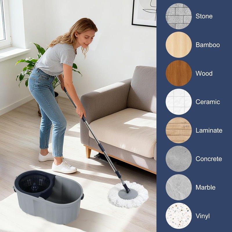 Spin Mop and Bucket System with180-Degree Rotating Head Telescopic Handle