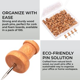 H&S Wood Push Pins for Corkboard - 100pcs Wooden Pushpins for Photos and Documents - Thumb Tacks with Wood Head for Office & School Notice Board