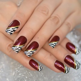 Square Medium Acrylic Press On Nails With Designs C Curved Nail Art Tips, Glossy Red And Leopard Pattern Full Cover Fake Nails With Nail File Glue Sticker For Women Girls