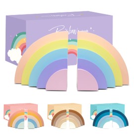 Decorably Pastel Rainbow Bookends for Kids - 1 Set Non-Skid Wooden Decorative for Girls and Boys Room, Baby's Nursery, Classroom Decor