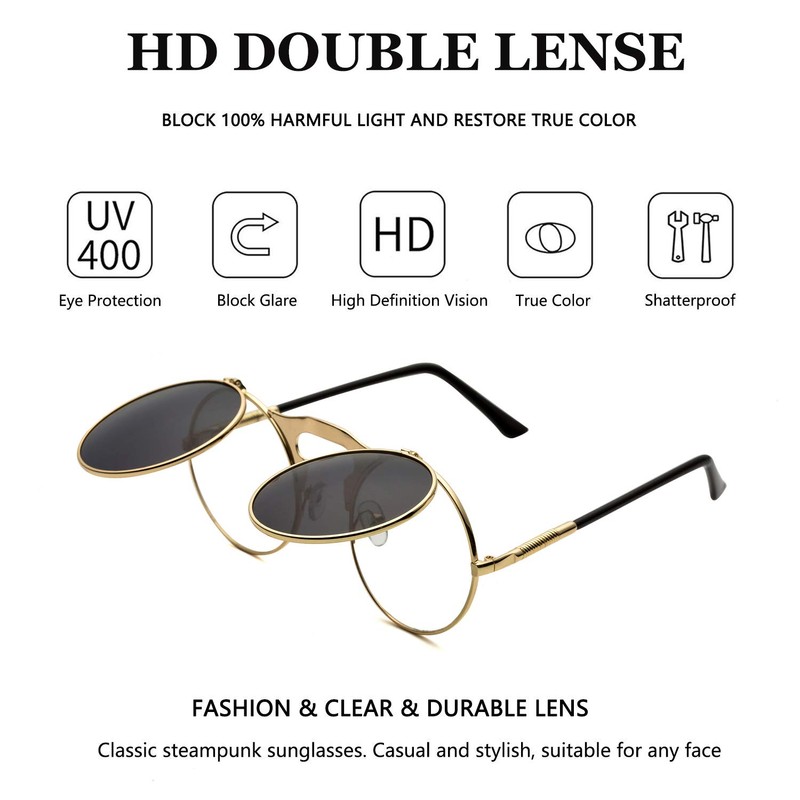 Dollger Round Retro Sunglasses Steampunk Sunglasses Flip Up Sunglasses for