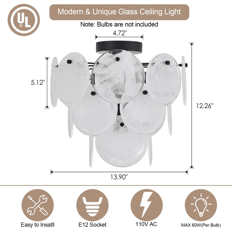 VANZARLA Modern Flush Mount Glass Ceiling Light, Black Hallway Lights