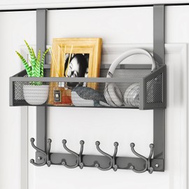 HapiRm Over The Door Hooks - Easy Installation Door Hanger with Basket and 16 Hooks, 304 Stainless Steel Storage Organizer for Towels, Coats, Bathroom, Kitchen, Dorm-Grey