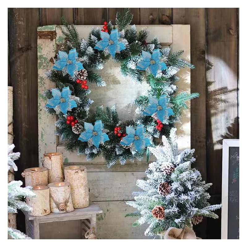 Jim`s cabin Artificial Flowers Pack of 12 Glitter Poinsettias for