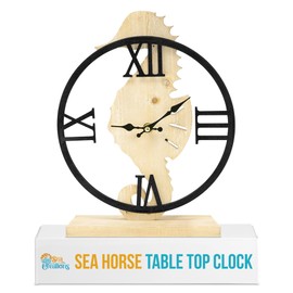 Sea Creations Decorative Table Top Clock - Wooden Base and Metal Frame - Rustic Roman Numeral Design - Nautical and Beach Themed - for Home and Office - 12.5 Inches - Silent Ticking - Sea Horse