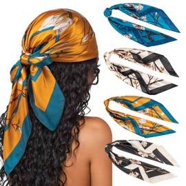 DRESHOW 90 x 90 cm Large Square Scarves for Women, Pack of 4, Silk Headscarf, Bandanas, Hair Scarf, Hair Accessories