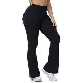 Tapata Flare Leggings for Women 28" Petite Inseam Butt Lift Yoga Pants with Pockets Gym Scrunch Workout, Black, XL