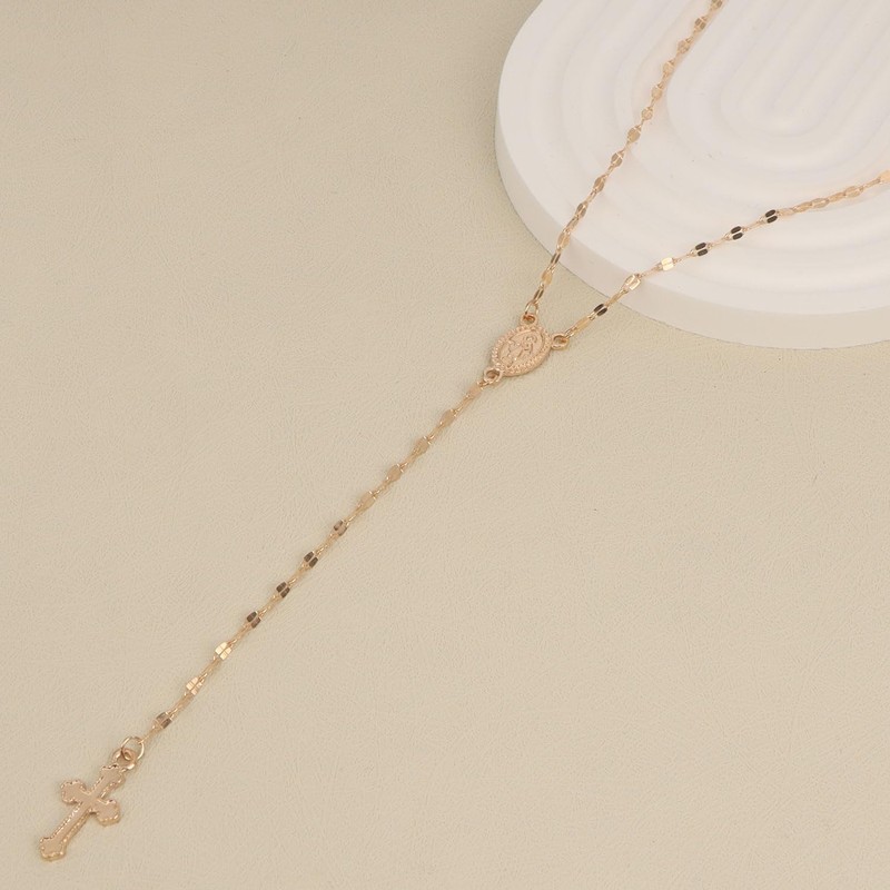 MOTIBACK 18K Gold Plated Virgin Mary Rosary Bead Cross Necklace
