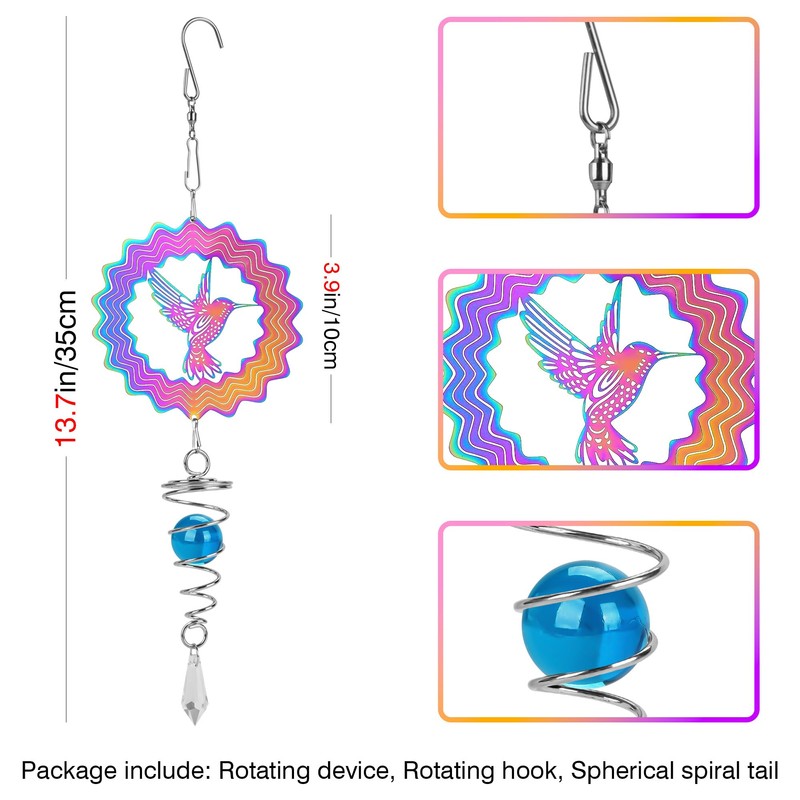 TOCCOOL 3Dグラデーションカラーステンレススチールウィンドスピナー、反射する屋外ガーデンデコレーション、ボールスパイラルテール付き、パティオや庭に最適(カラフル)