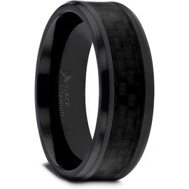 OXYN Black Titanium Polished Beveled Edges Black Carbon Fiber Inlaid Men’s Wedding Band - 8mm - Size 10