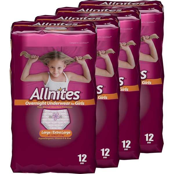 Allnites Overnight Underwear for Girls, Large/Extra-Large, (12-Count), Pack of 4