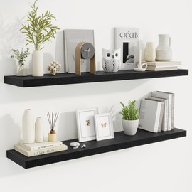 Fun Memories 48 Inch Deep Floating Shelves for Wall, 2 Pack of Long Wall Mounted Wood Shelves with Invisible Brackets for Bathroom, Bedroom, Living Room, Kitchen Decor and Storage, Black