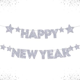 Happy New Year Decorations Banner 2024 New Year Party Bunting Pentagram Letter Glitter Silver Garland Set New Years Eve Hanging Ornament for Indoor Outdoor Home Office Party Supplies