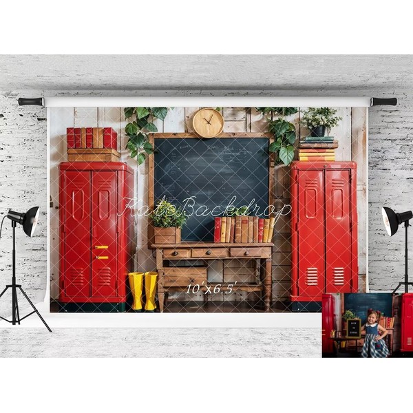 Kate Back to School Red Locker Blackboard Wooden Striped Wall