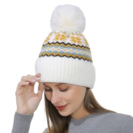 Belle Dame Winter Beanie Hat for Women Knit Snowflake Hat Faux Fur Pompom Hat Fleece Lined Toque (HT504-WT)