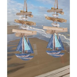 Set of 2 Garland Sailing Ship Maritime Decorative Window Maritime Decoration Driftwood Natural Recycled Wood Ship for Hanging - Hanging Decoration (Set of 2 Sailing Boat)