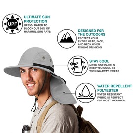 SUN CUBE Mens Fishing Hat with Neck Flap for Men | Sun Hat with Wide Brim for Hiking Safari with Neck Cover for Outdoor Sun Protection UPF50+ | Light Gray