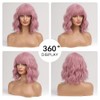 OUFEI Pink Wigs for Women Short Wavy Wig With Bangs